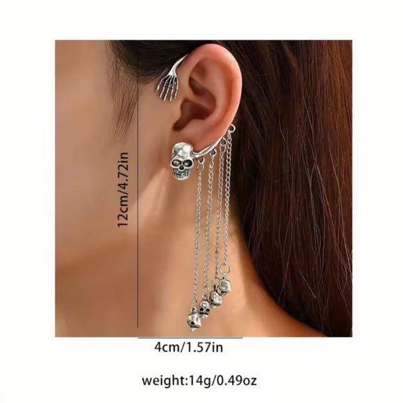 Gothic Skull Chain Ear Cuff Earring – Silver Punk Statement Jewelry - Picture 2 of 5